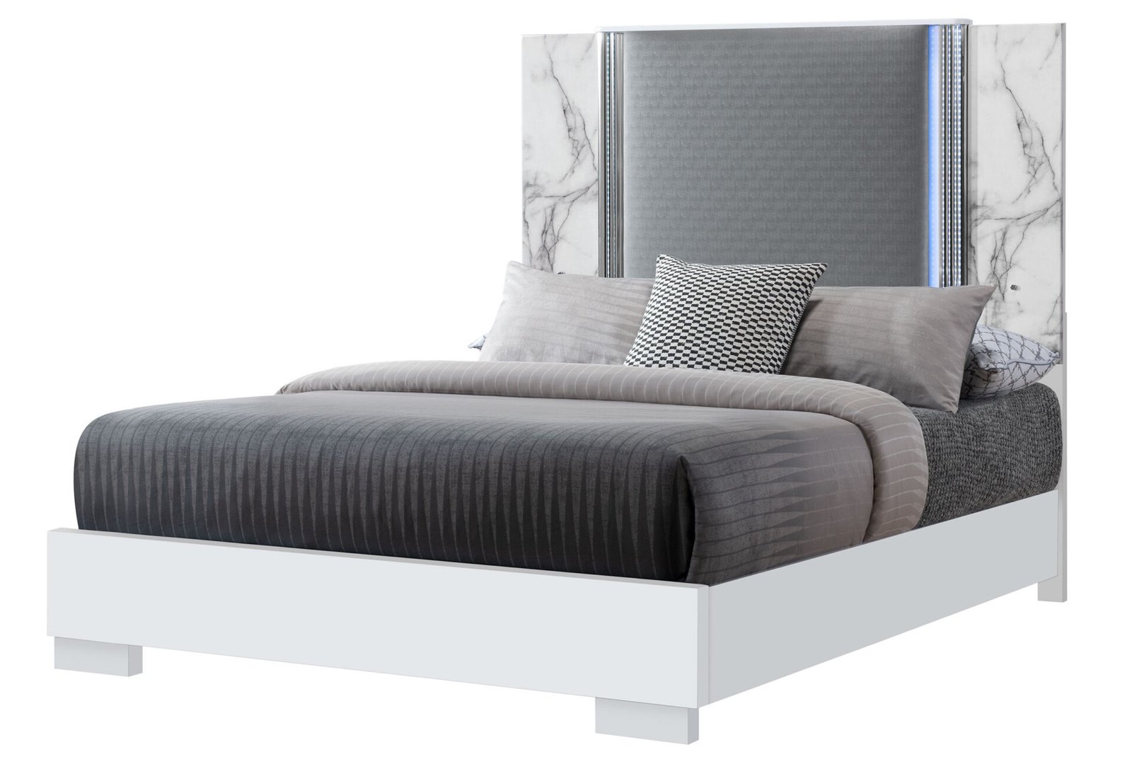 YLIME WHITE MARBLE QUEEN BED GROUP FULLY SLATTED - Image 3
