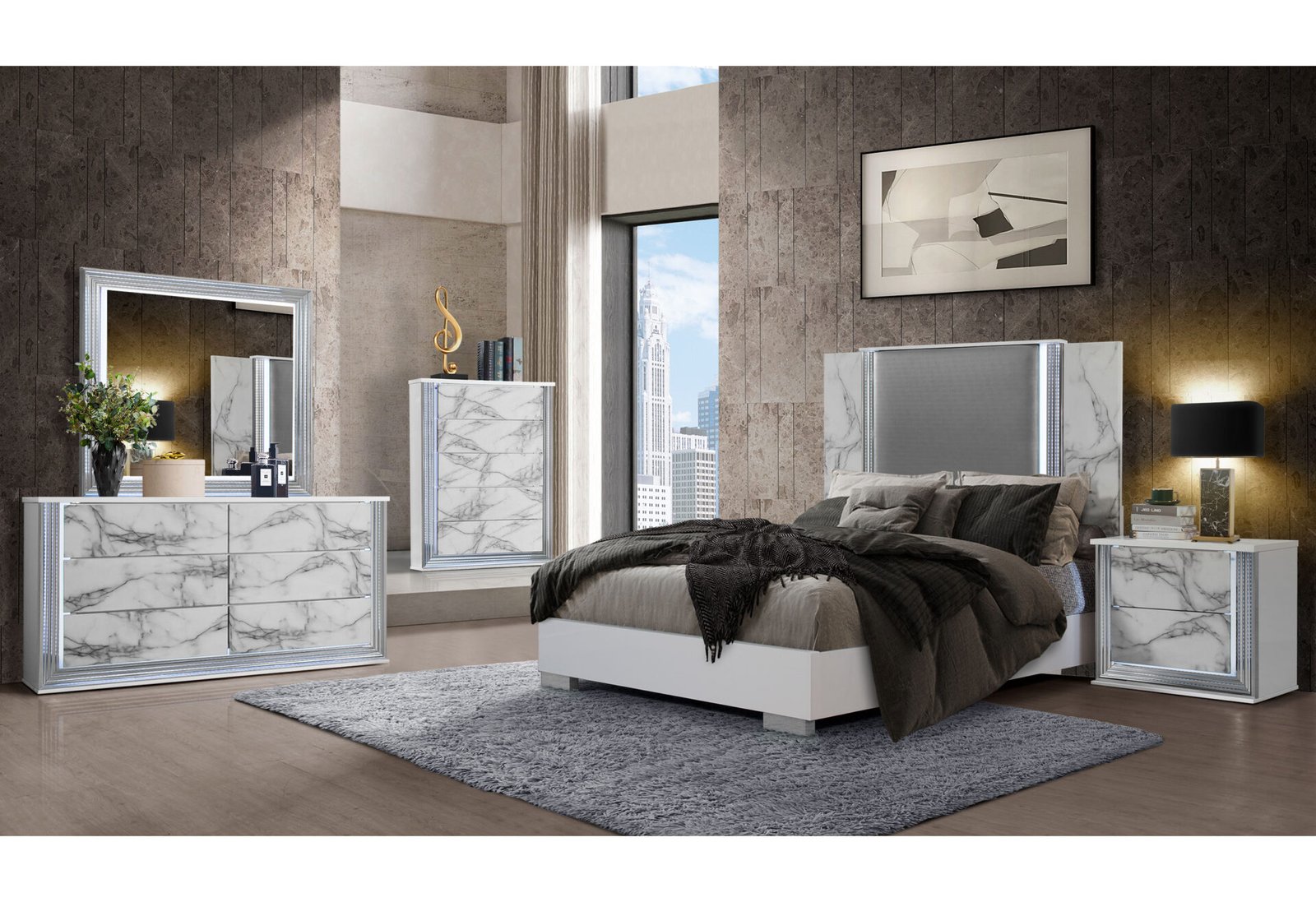 YLIME WHITE MARBLE QUEEN BED GROUP FULLY SLATTED WITH VANITY SET - Image 3
