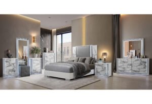 YLIME WHITE MARBLE QUEEN BED GROUP FULLY SLATTED WITH VANITY SET
