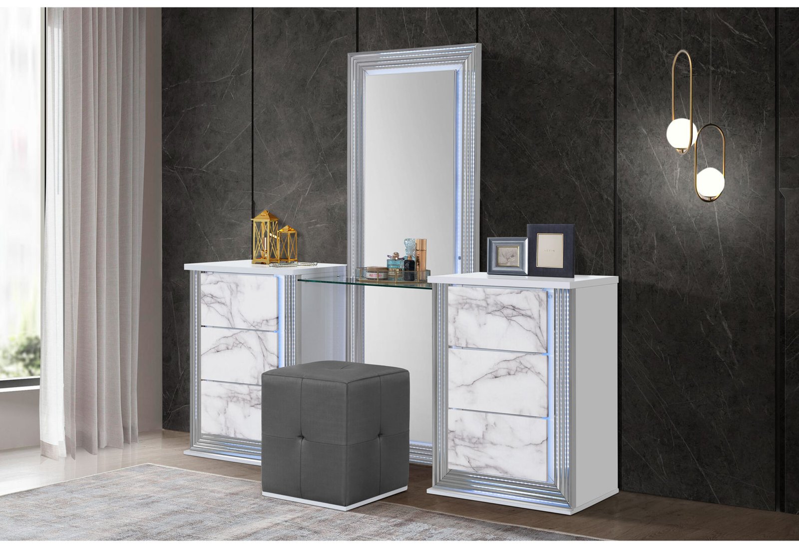 YLIME WHITE MARBLE QUEEN BED GROUP FULLY SLATTED WITH VANITY SET - Image 2