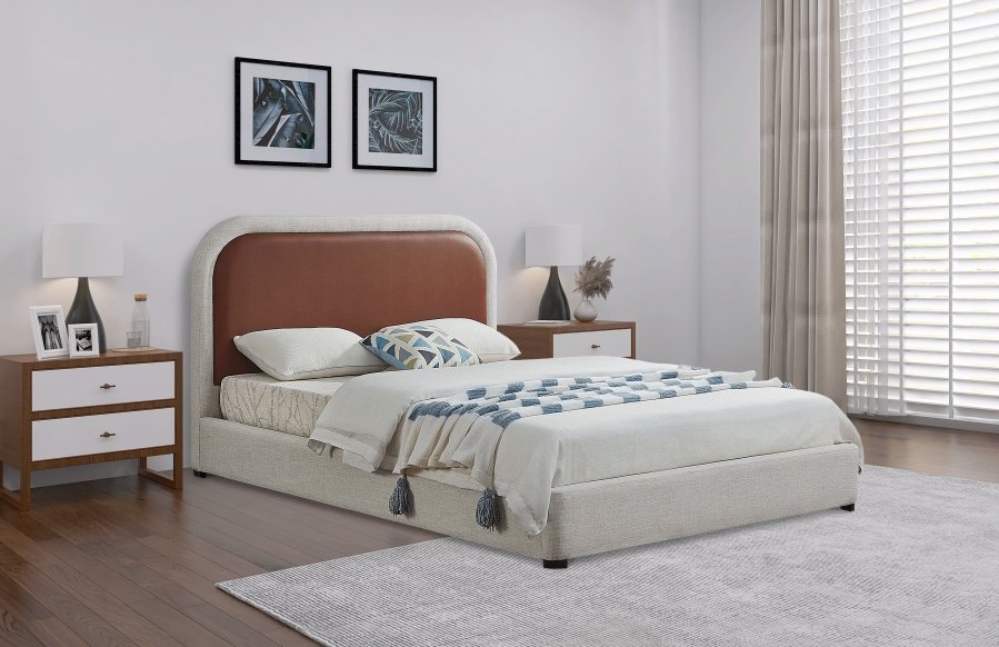 Blake Two Tone Vegan Leather and Linen Textured Fabric Upholstered Bed - Image 2