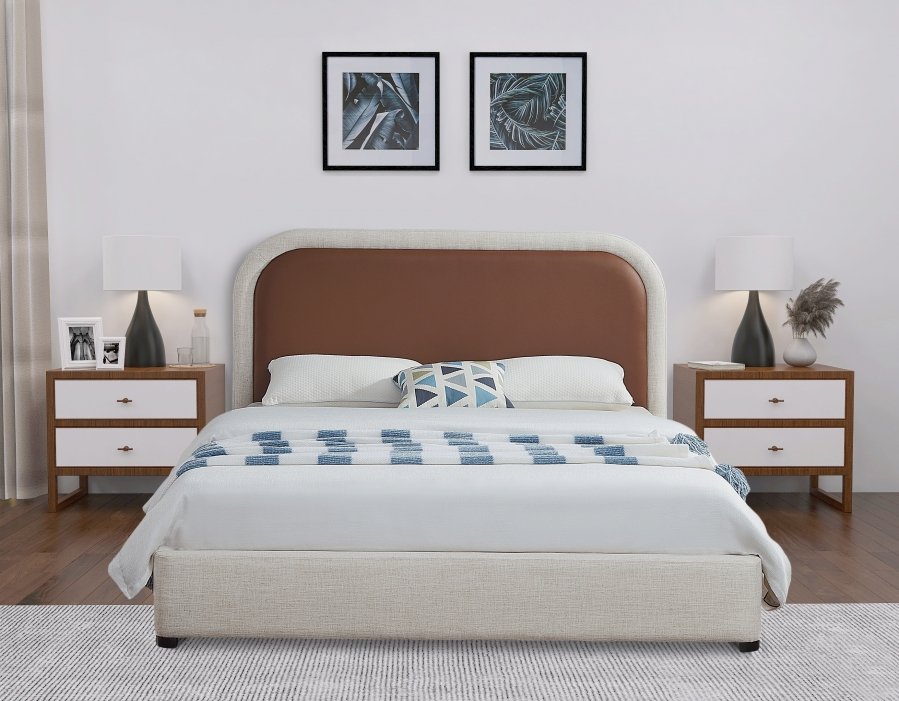 Blake Two Tone Vegan Leather and Linen Textured Fabric Upholstered Bed - Image 4